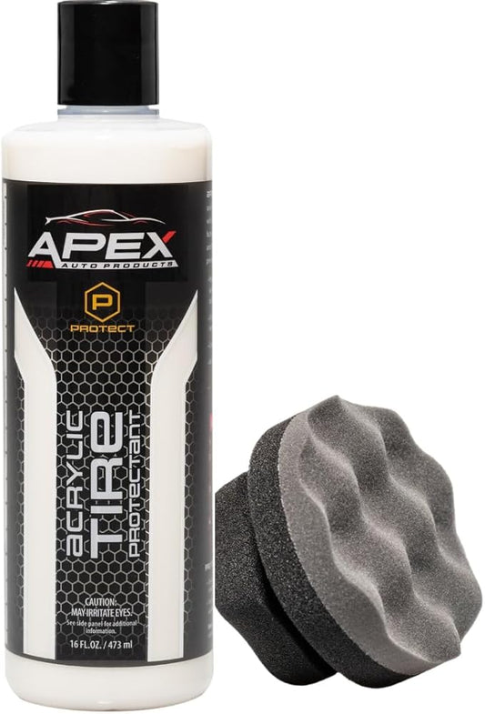 Apex Acrylic Tire Shine and Tire Shine Applicator - 16 oz Semi-Permanent - 6+ Months Durability - Easy to Apply - Fast Drying Car Tire Shine - No Sling - Glossy - Extreme Tire Dressing - Made in USA