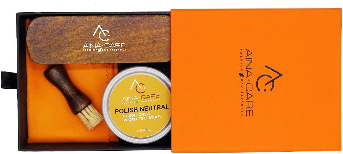 Aina Care Premium I Shoe Care Kit Cream Neutral - Shoe Polish for Leather, Suede & Nubuck Shoes - Shoe Shine Kit (1 Dauber Brush, 1 Horsehair Brush, 1 Microfiber Cloth), 1.69 oz, Transparent