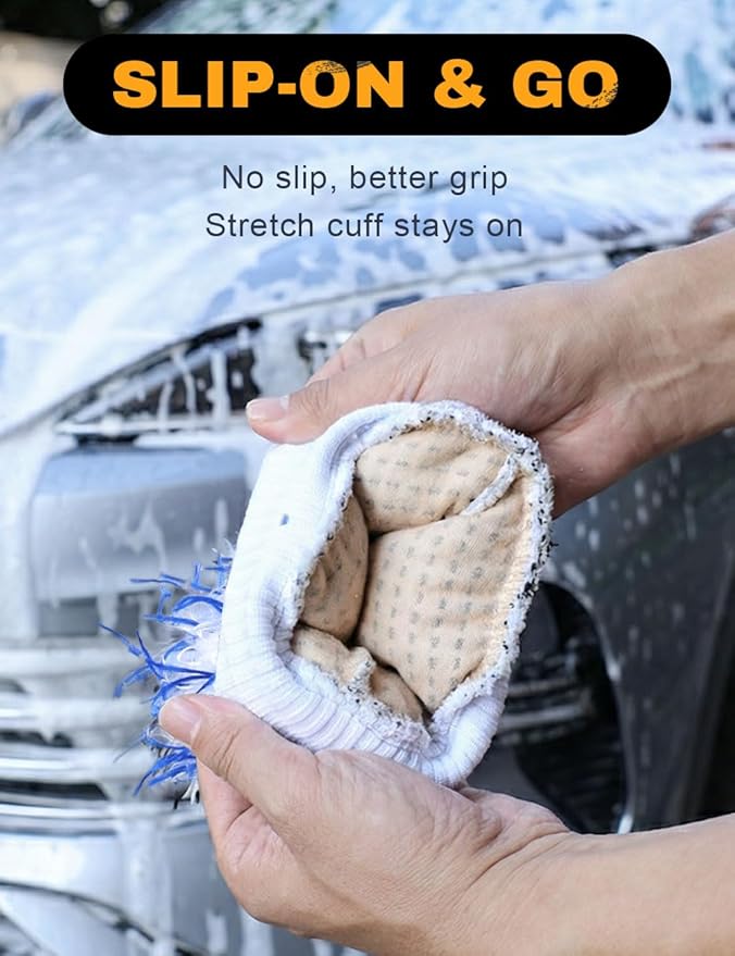 Microfiber Car Wash Mitts, 2Pack Premium Scratch-Free Car Wash Gloves with Thick Elastic Cuff for Auto Detailing, Cars, Trucks, SUVs, Boats (Blue & Red)