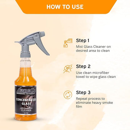 LANE'S Concentrated Auto Glass Cleaner | Tint-Safe Car Windshield, Window Cleaner | Removes Automotive Smoke Film, Fingerprints, & Smudges | Streak-Free, Safe for All Glasses | 32oz