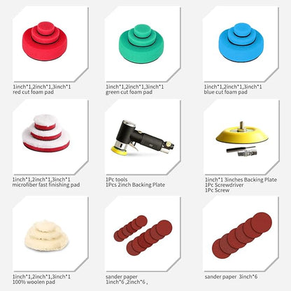 ZFE 1/2/3 Inch Random Orbital Air Sander, Mini Pneumatic Sander for Auto Body Work, High Speed Air Powered Polisher with 15 Polishing Buffing Pads,18 Sandpapers