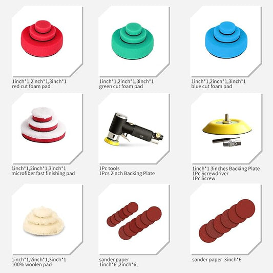 ZFE 1/2/3 Inch Random Orbital Air Sander, Mini Pneumatic Sander for Auto Body Work, High Speed Air Powered Polisher with 15 Polishing Buffing Pads,18 Sandpapers