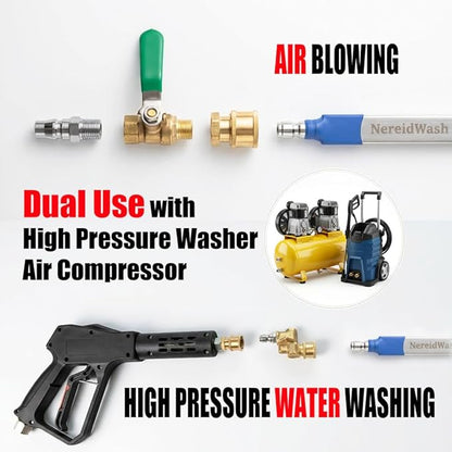 Car Radiator Cleaning Wand, Dual-Use 24‘’ Water&Air Flush Cleaning Tool Max 4500PSI Pressure Washer Wands For Car Truck RV Radiator Gutter, Jetter Nozzle Flat Wand With Angles Coupler