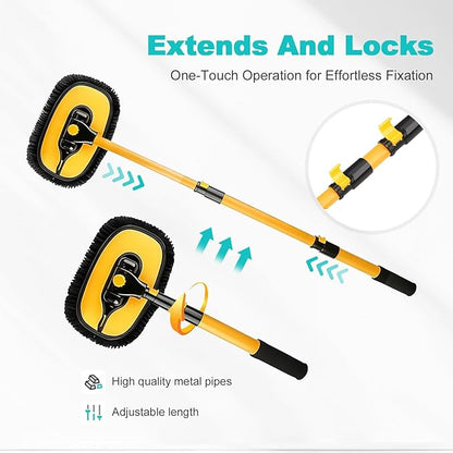 15° Curved Car Cleaning Brush with Telescopic Handle 56.7" Aluminum Alloy Long Rod Wash Mop for Cleaning RVs, Trucks, Boats