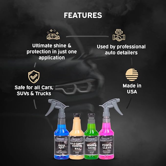 LANE'S Premium Detail Kit - 16oz- Contains Super Blue Tire Dressing - Gold Edition Premium Wax - Wash & Shine Soap- Power Clean Vinyl Cleaner