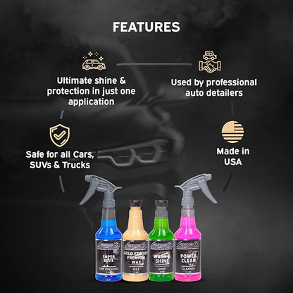 LANE'S Premium Detail Kit - 16oz- Contains Super Blue Tire Dressing - Gold Edition Premium Wax - Wash & Shine Soap- Power Clean Vinyl Cleaner