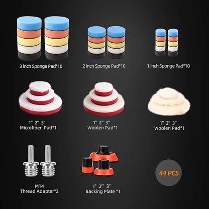 ZFE Car Foam Drill Polishing Pad Kit, 44Pcs 1inch 2inch 3inch Detail Polishing Buffing Pad Mix Size Car Detailing Kit with 5/8-11 Thread Backing pad & Adapters for Buffer Polisher Polishing, Buffing