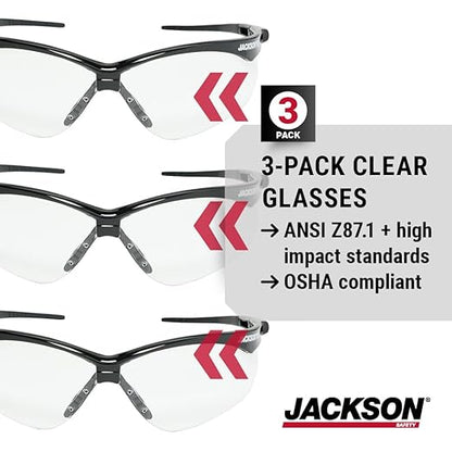 Jackson Safety SG Safety Glasses - Eye Protection for Men & Women - Anti-Scratch Lens with Black Frame - ANSI Z87.1 - Pack of 3 (Multiple Styles)