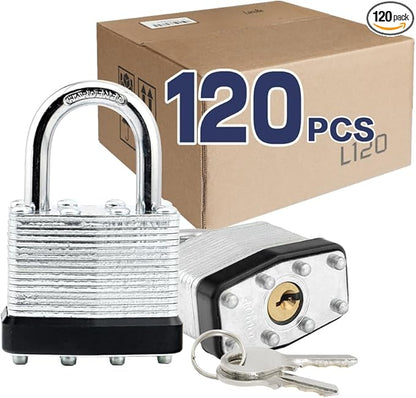 LanuBe Lock Laminated keyed padlock1-9/16 inch, keyed Alike Locks, Normal Shackle,Marked Black Plastic Hoop, Pack of 120