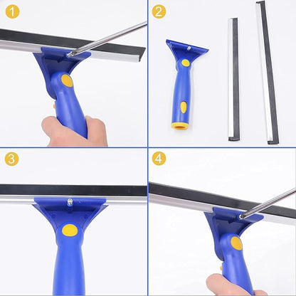 ITTAHO Window Washing Kit with Extension Pole, 10" Squeegee & 11" Microfiber Scrubber Combi with Stainless Steel Pole, Window Cleaner for Car, Sliding Door,Shower Glass Door-Swivel Style-2 Pads