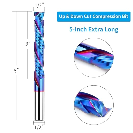 EANOSIC Compression Spiral Router Bit 1/2 Inch Shank, Extra Long 5 Inch Overall Length, 3 Inch Cutting Length, UP&Down CNC Router Bits for Woodworking Milling Slot Mortise