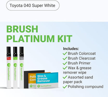 TouchUpDirect Car Paint Touch Up Brush Kit – Toyota 040 Super White Exact Match Auto Paint Kit with Primer, Car Color and Clearcoat, for Repainting and Scratch Repair, Platinum Kit