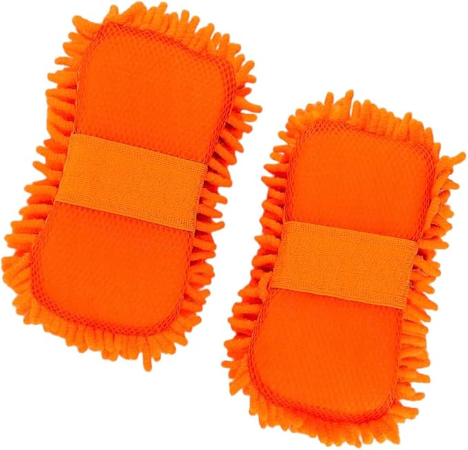 WAKALALA Microfiber Car Wash Mitt, Dual-Sided Cleaning Glove, High-Density Chenille, Non-Scratch Cleaning Sponge (2, Orange)