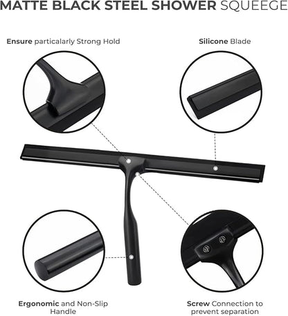 Matte Black Shower Squeegee for Glass Doors with Adhesive Hooks, Squeegee for Shower Glass, Cleaner Tool for Bathroom Household Window Mirror Tile Wall Car, 10 Inch Black