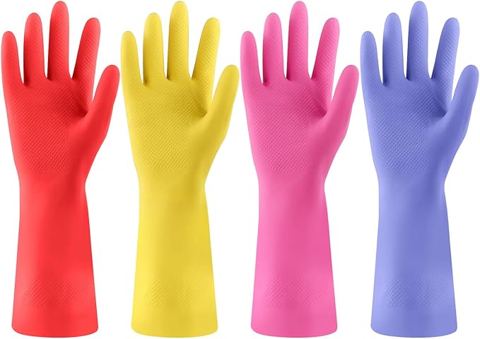 FCTTD 4 Pairs Rubber dishwashing gloves, Kitchen gloves for washing dishes, Household cleaning gloves Reusable Small Blue+Pink+Yellow+Red
