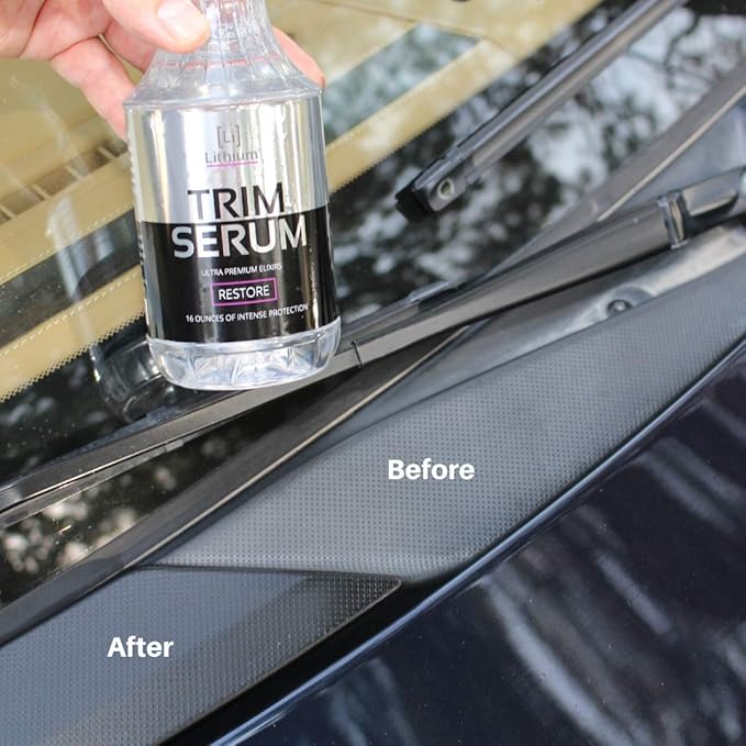 Trim Serum- Plastic Restorer for Cars- Restores Even the Most Damaged Plastic, Rubber, and Vinyl - Black Trim Restorer That Lasts For Months - Penetrates Plastic Pores Restoring Color (16 Oz)