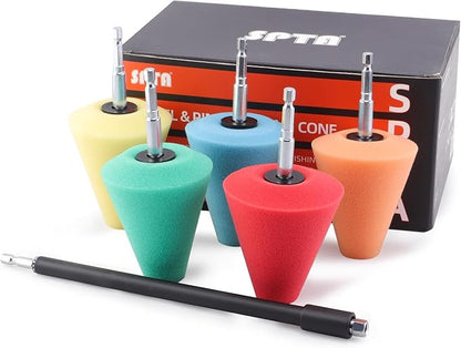 Polishing Cone, SPTA Car Wheel Hub Drill Buffing Sponge Pads Kit, Polishing Ball, 5 Pack Car Buffers and Polishers Kit, Attaches to Standard Household Drill