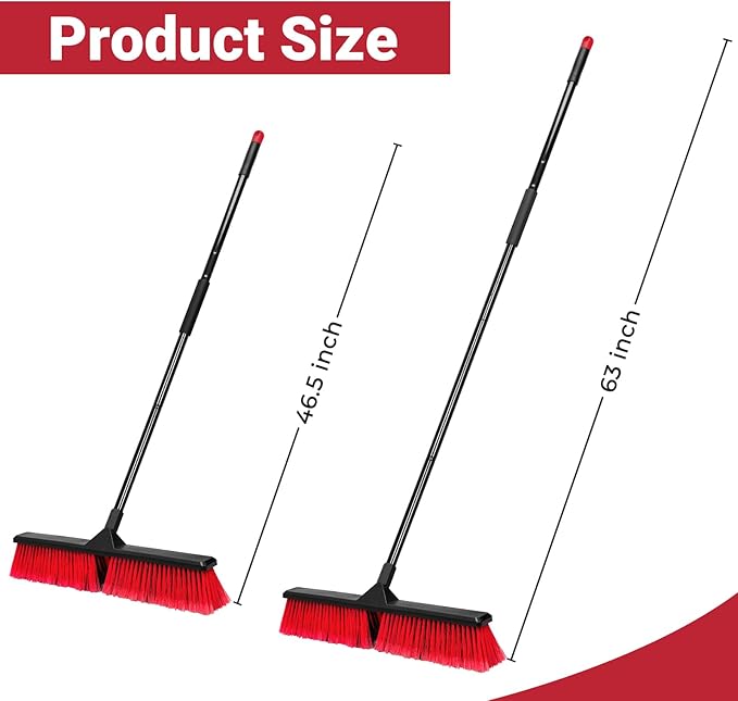 24" Push Broom with 63" Long Handle, Heavy Duty Broom for Floor Sweeping, Stiff Bristles Push Broom Brush for Workshop, Garage, Concrete, Patio and Deck