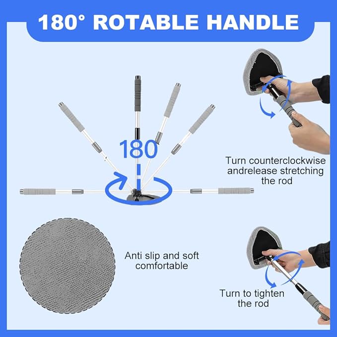 Windshield Cleaning Tool, 2025 New Car Interior Window Cleaning Kit with Extendable Handle, with 3 Towel Pads Windshield Cleaning Tool, Auto Glass Wiper for Windshield, Trucks, SUVs, RVs (Green)