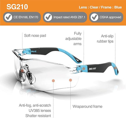 DEX FIT Safety Glasses SG210; 6 Pairs, Z87, Anti-Fog & Scratch Resistant, Adjustable for Women and Men, UV Protection (Black & Blue Frame, Clear Lens)