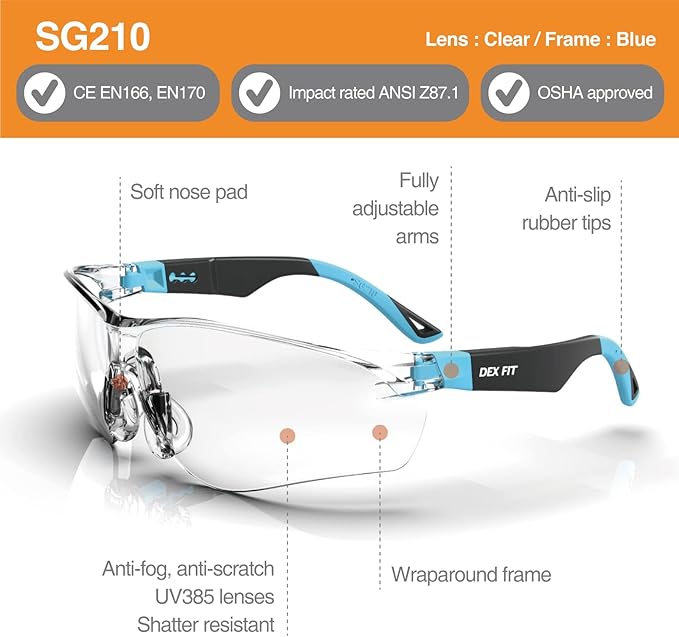 DEX FIT Safety Glasses SG210, Z87 Eye Protection, Anti-Fog & Scratch Resistant, Adjustable for Women and Men, UV Protection (Black & Blue Frame, Clear Lens)