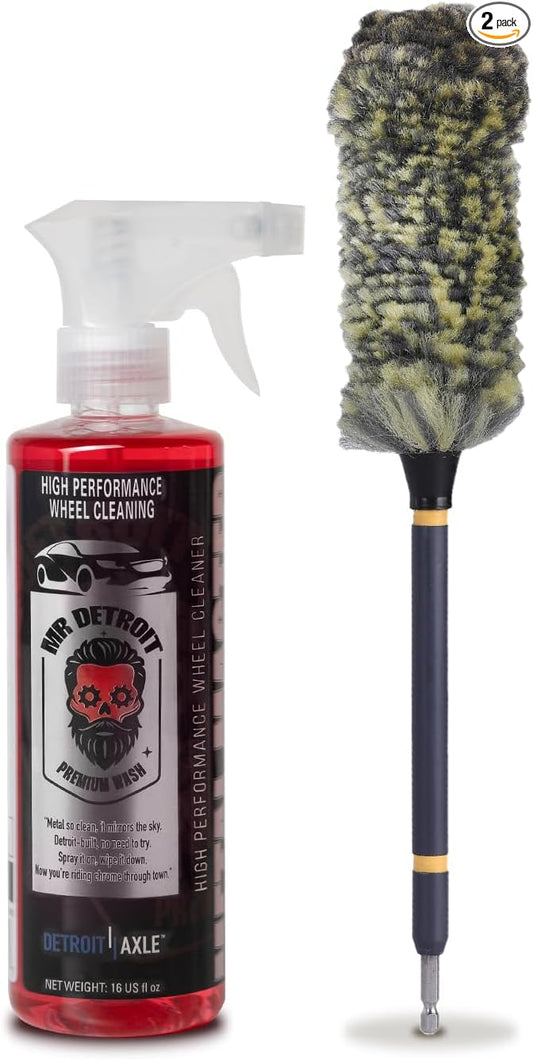 Mr. Detroit - 2pc Car Wash Kit Drill Wheel Brush and High-Performance Cleaner, 16oz Wheel & Tire Cleaner, Scratch-Free Brush w/Durable Soft Bristles, Easily Clean Narrow Spaces (CL-2DH054)