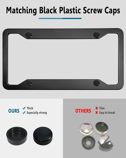 Black License Plate Frames- 2 Pack Aluminum Front & Rear Auto Car Tag Holder, Heavy Duty Bracket with Mount Hardware, Screws Caps, Rattle Proof Pads (Black