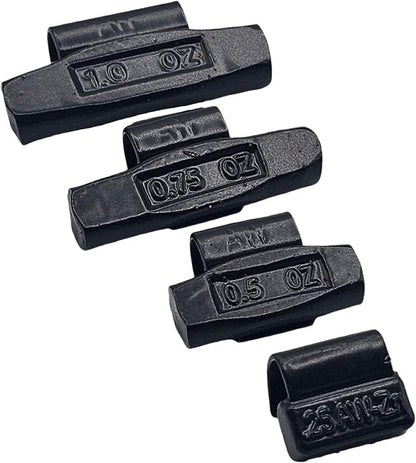 C-HORSE 100Pcs AW Series Clip on Wheel Weights Black Coated Assortment for Hammer Type Rim Balancers, 0.25oz, 0.50oz, 0.75oz, 1.0oz, 25pcs for Each Size Fit for Steel Wheel (AW Style, 0.25-1)