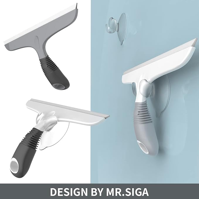 MR.SIGA Multi-Purpose Silicon Squeegee for Window, Glass, Shower Door, Car Windshield, Heavy Duty Window Scrubber, Includes Suction Hook, 10 inch, White & Gray, 2 Pack