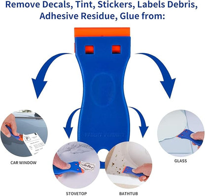 Plastic Razor Blade Scraper, Scraper Tool with 20 PCS Plastic Razor Blades for Removing Labels Adhesive Decals Sticker from Windows Glass (Blue)