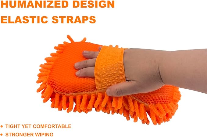 WAKALALA Microfiber Car Wash Mitt, Dual-Sided Cleaning Glove, High-Density Chenille, Non-Scratch Cleaning Sponge (2, Orange)