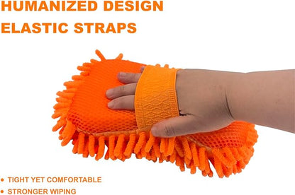 WAKALALA Microfiber Car Wash Mitt, Dual-Sided Cleaning Glove, High-Density Chenille, Non-Scratch Cleaning Sponge (2, Orange)