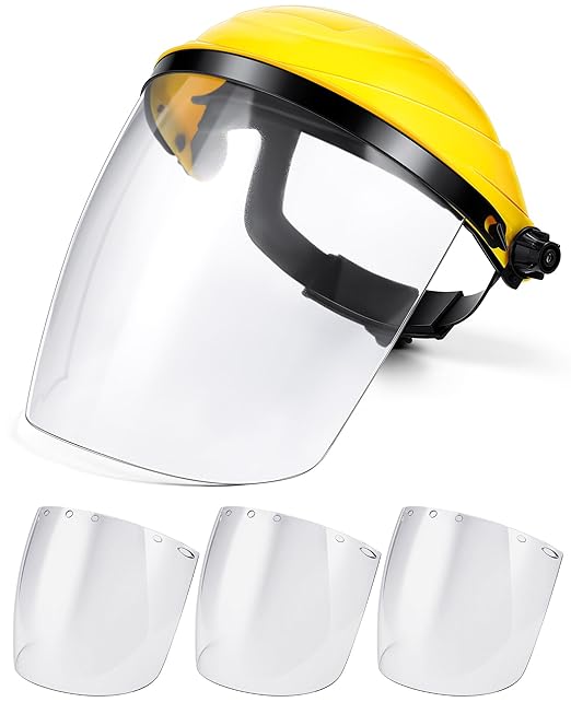 Tellegloww 4 Pcs Safety Face Shield for Grinding and Cutting, Clear Impact Resistant Visor, Full Face Shield Mask with Ratchet Headgear for Grinding, Isolation, Weed Whacking, Industrial Use (Yellow)