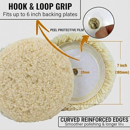 Woolous Wool Buffing Pads 7 Inch, 3 Pack - 100% Natural Wool Pads for Buffing, Polishing & Compounding Cars, Boats, Trucks & Motorcycles - Hook & Loop for Quick Attachment