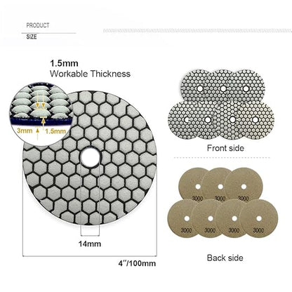 SHDIATOOL 7Pcs 4 Inch Dry Diamond Polishing Pads Grit 3000 for Granite Marble Stone Sanding Disc