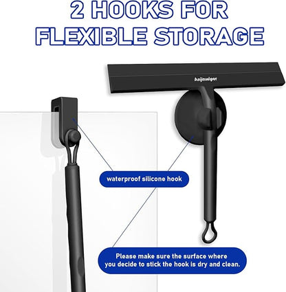 Shower Squeegee for Glass Doors with Adhesive Hook, All-Purpose Squeegee for Shower Glass, Bathroom, Window, Mirror, Car Glass and Tile Wall-8.6 Inches,Black