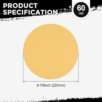 Kozelo 25 Pcs Sanding Discs 8-7/8 Inch 60 Grit Hook and Loop Random Orbital Sandpapers Suitable for Drywall Sander Wood Metal Furniture, Yellow