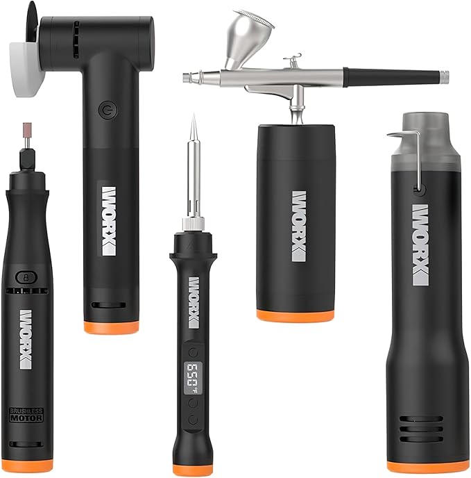 MAKERX 5 Pcs Crafting Tool Deluxe Combo Kit - Mini Rotary Tool, Mini Heat Gun, Air Brush, Soldering Iron, Angle Grinder with 20V 2Ah Power Share Battery, Hub & 41-Piece Accessories