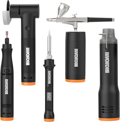 MAKERX 5 Pcs Crafting Tool Deluxe Combo Kit - Mini Rotary Tool, Mini Heat Gun, Air Brush, Soldering Iron, Angle Grinder with 20V 2Ah Power Share Battery, Hub & 41-Piece Accessories