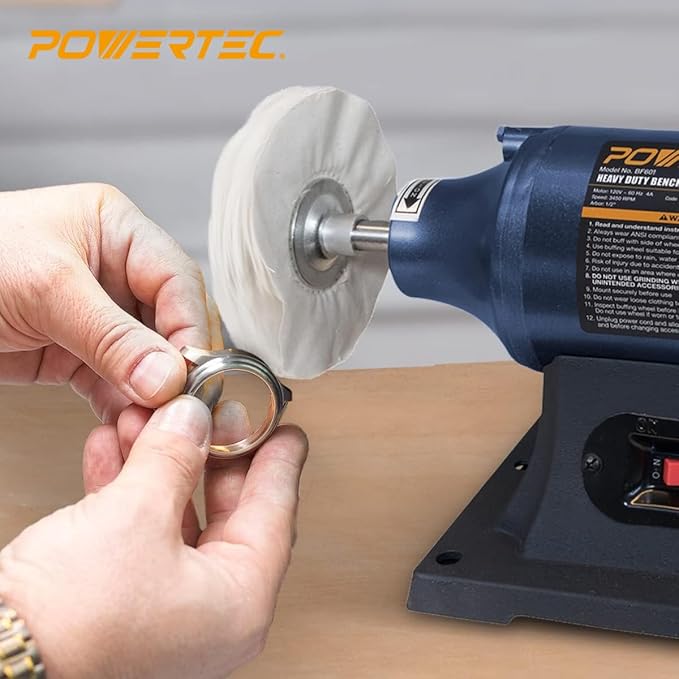 POWERTEC 6-Inch Bench Buffer Jewelry Polisher - Includes 5PCs 80Ply Buffing Wheels + 3PCs Polishing Compound Set | Benchtop Buffing Machine for Metal, Jewelry, Knives, Wood, Jade, and Plastic (BF601D)