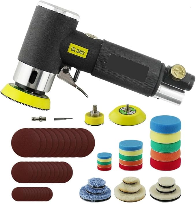60Pcs Mini Air Sander Kit, Pneumatic Sander with 1” 2” 3” Backing Plates, Sanding Discs, Buffing Pads for Random Orbital Sanding Buffing Polishing