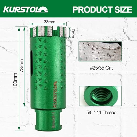 KURSTOL Diamond Core Drill Bits - 2pcs 1-1/2 Inch with 58-11 Thread Granite Hole Saw Dry or Wet Drilling Hard Stone Marble Concrete Quartz Countertop Laser Welded Masonry Coring(38mm)