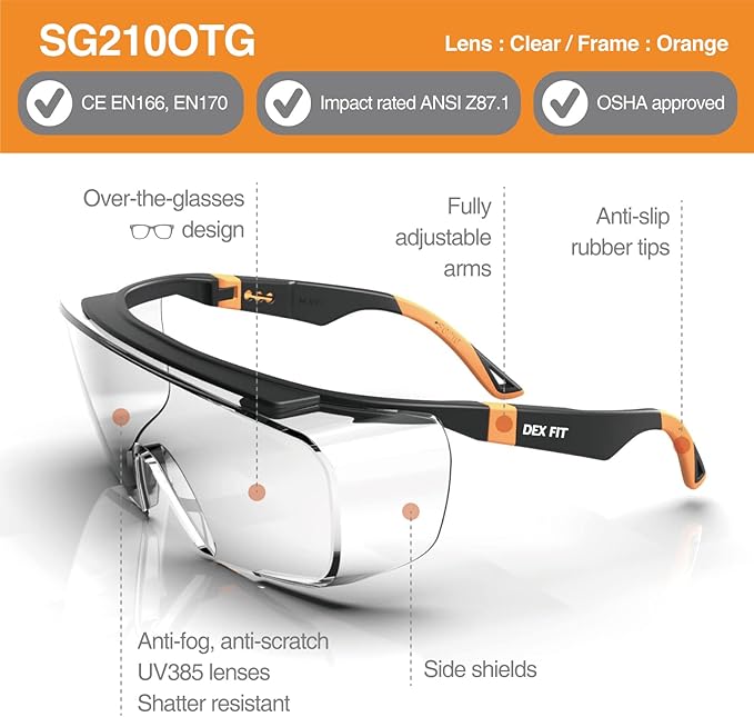 DEX FIT Safety Work Over Glasses SG210 OTG; 6 Pairs, Z87 for Men & Women, Fog & Scratch Resistant, Adjustable, UV Block (Black & Orange Frame, Clear Lens)