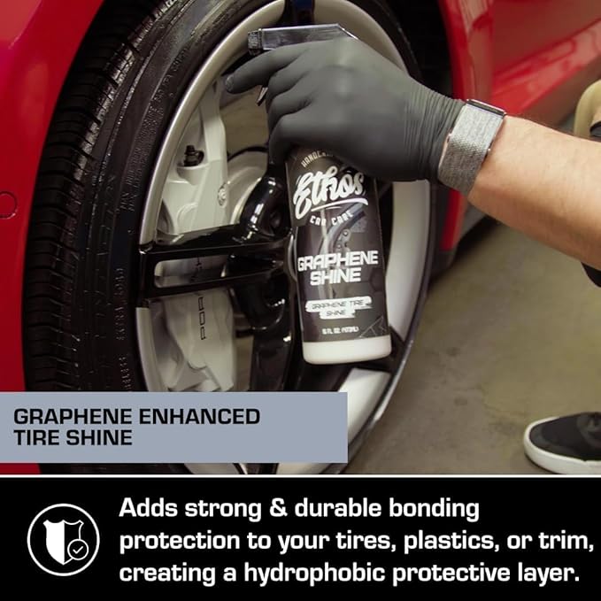 Ethos Graphene Tire Shine Spray & Tire Shine Applicator Pad – High Gloss, Non-Greasy, No Sling Finish with UV Protection for Tires, Trim & Rubber