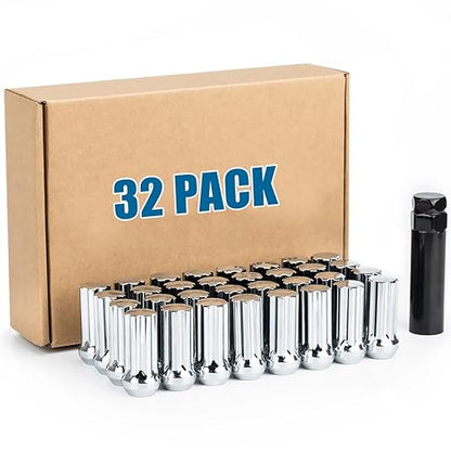 JiiinMiiin 32pcs M14x2.0 Lug Nuts Chrome with 7 Spline Tuner, 14x2 Locking Lugnut 2 inch Length with 1 Socket Key, 60 Degree Conical/Cone Bulge Seat Closed End.