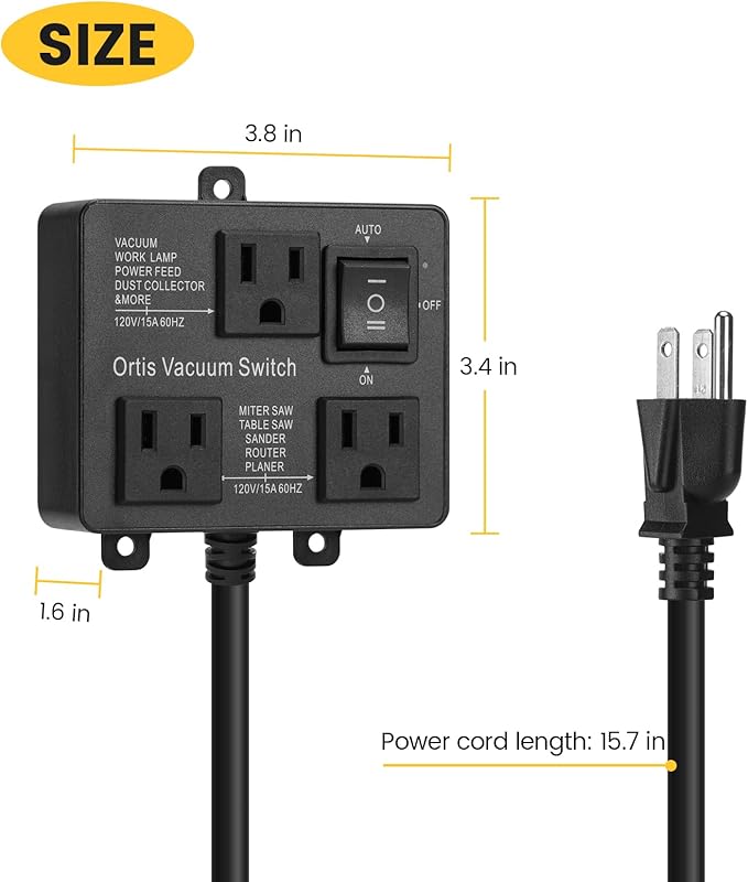 Automatic Vacuum Switch, Ortis Vacuum Switch for More Power Tools, Delay Vacuum On/Off to Prevent Circuit Overload and Tripping, Keep Your Workplace Cleaner, Better for Your Lung, Black