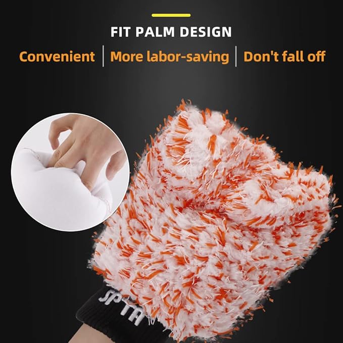 SPTA Microfiber Car Wash Mitt, 3Pcs Car Sponge Glove Wrapped in Soft, Plush Fiber Cloth Material, Safe Washing with Any Car Soap, Bucket, Foam Gun, Foam Cannon, Other Cleaning Supplies
