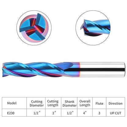 EANOSIC Upcut Spiral Router Bit 3-Flute with 1/2” Shank, Extra Long (4 inch), 1/2” Cutting Diameter, 2” Cutting Length, Carbide CNC Router Bits nACo Coated End Mill for Wood Mortises Carving Engraving