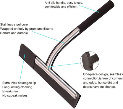 Anlynwooh All -Purpose Silicone Shower Squeegee for Shower Glass Door with Hook, Bathroom Accessories for Window Mirror Tile Car Shower Walls,Household Shower Cleaner Tool (Black, 9 inch(1 Hook)