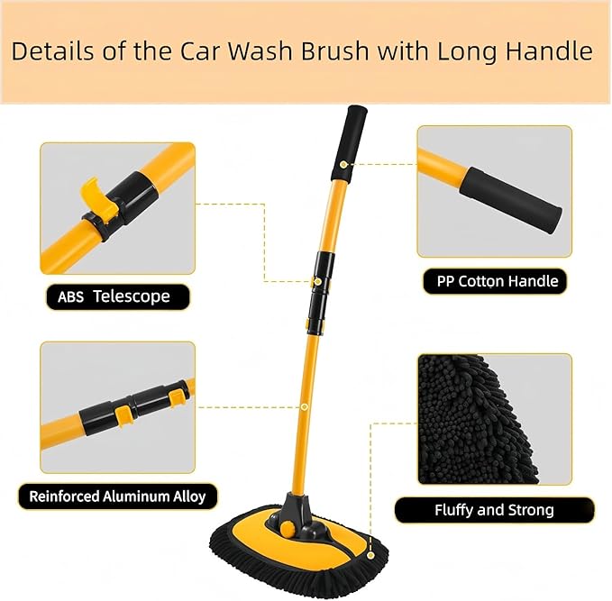Car Wash Brush with Long Handle, 15°Curved Car Cleaning Brush with Extension Pole Scratch Free, Microfiber Exterior Cleaning Mop Mitt for Washing Roof Truck Camper SUV